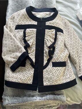 Tabitha Cream Lace Blazer with Black Trim and Ruffle Detail
